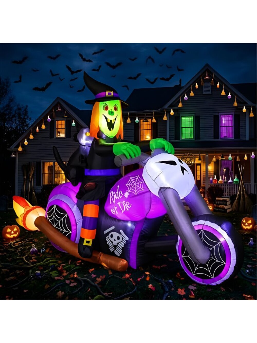 7FT Gaint Halloween Inflatables Witch on Motorcycle with Black Cat,Blow Up
